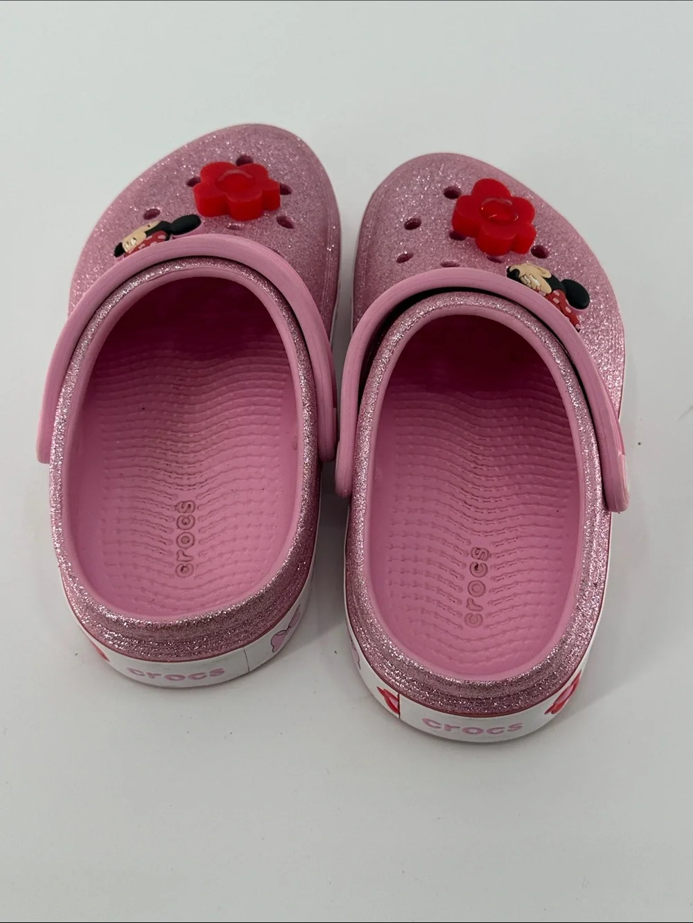 CROCS Kids Pink Glitter Minnie Mouse Clogs with Flower Charms